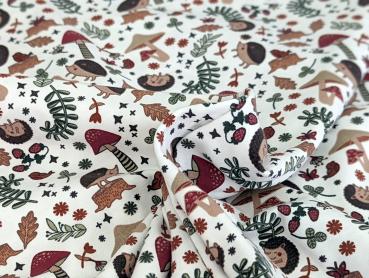 Preview: Reststück Baumwolljersey Igel im Herbstwald Pilze Weiß 75 x 150 cm